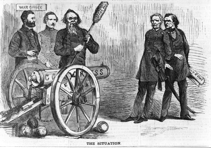 An engraving from 1868 showed Stanton and Ulysses S. Grant near a cannon labelled "CONGRESS" aimed at President Johnson (right). Library of Congress.
