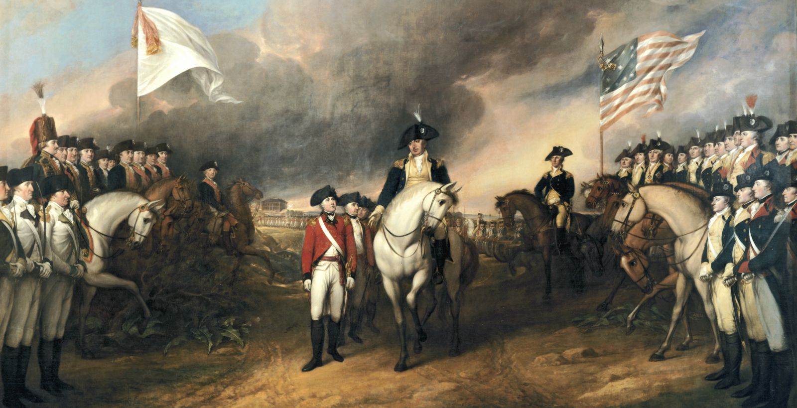 The naval Battle of the Chespeake kept reinforcements and suppies from British General Charles Cornwallis, who was forced to surrended afterwards at Yorktown. John Trumbull painted this mural for the U.S. Capitol showing Cronwallis (center), even though he was not himself present at the surrender).