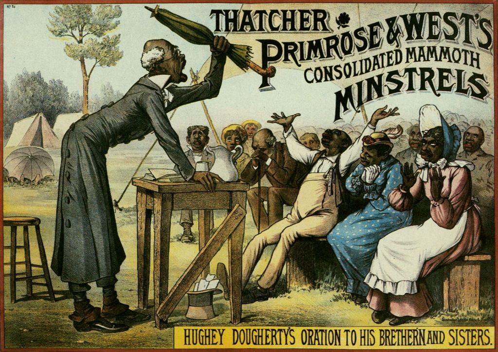 Not even religion was off-limits to minstrel performances. Hughey Dougherty played another stock character, the elderly preacher haranguing his enthusiastic flock, mispronouncing big words and parading misinformation. Cincinnati Historical Society.