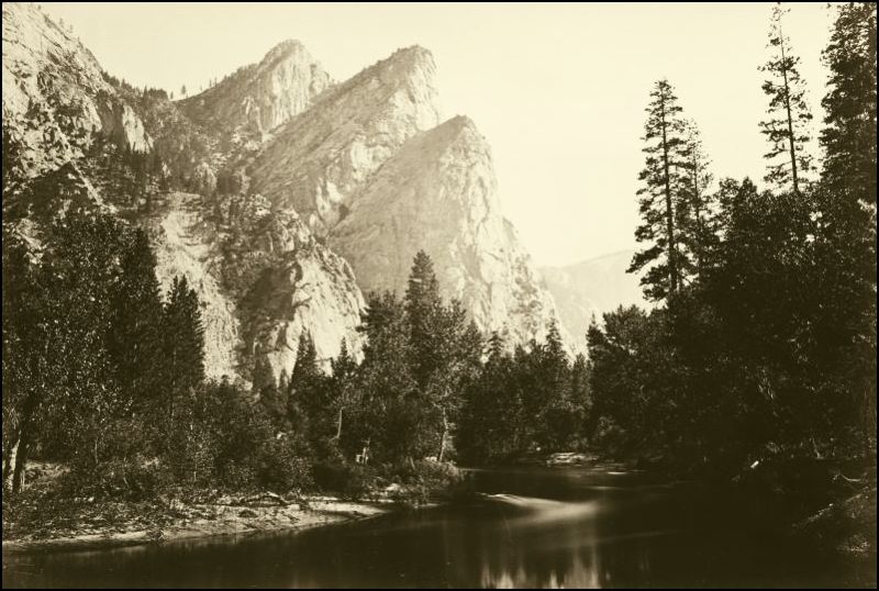 Carleton Watkins, one of the first artists in Yosemite, photographed the Three Brothers around 1865. Metropolitan Museum of Art.