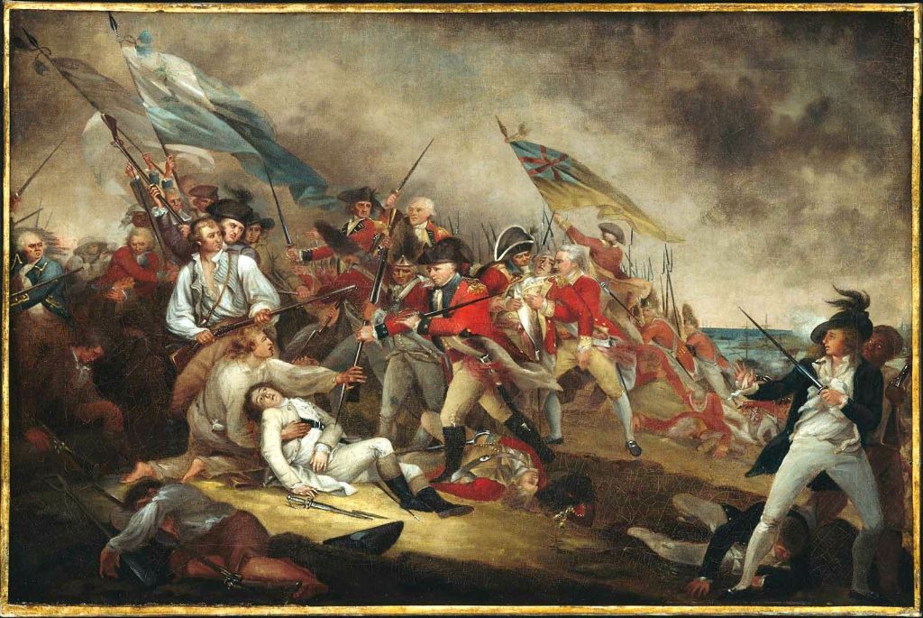 The dramatic death of General Warren at the Battle of Bunker's Hill on June 17, 1775 was painted by John Trumbull in 1786. Museum of Fine Arts, Boston.