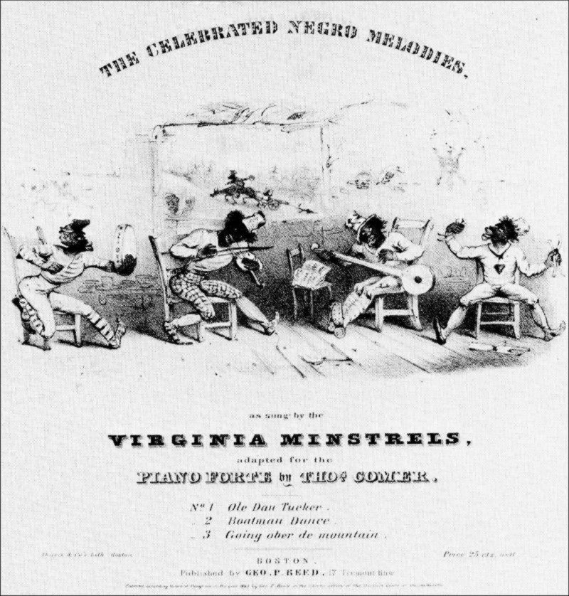 The Virginia Minstrels, caricatured here in an 1843 song sheet, were the first true minstrel company. Harvard Theatre Collection.