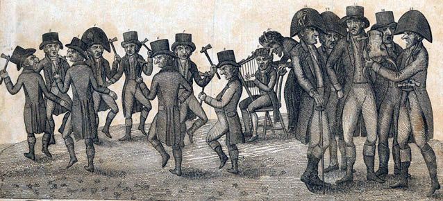 The Federalist-supporting publisher Alexander Hanson inflamed supporters of the War of 1812 with editorials and cartoons such as "The War Dance at Montgomery Court House." National Park Service (original in the Maryland Historical Society.)