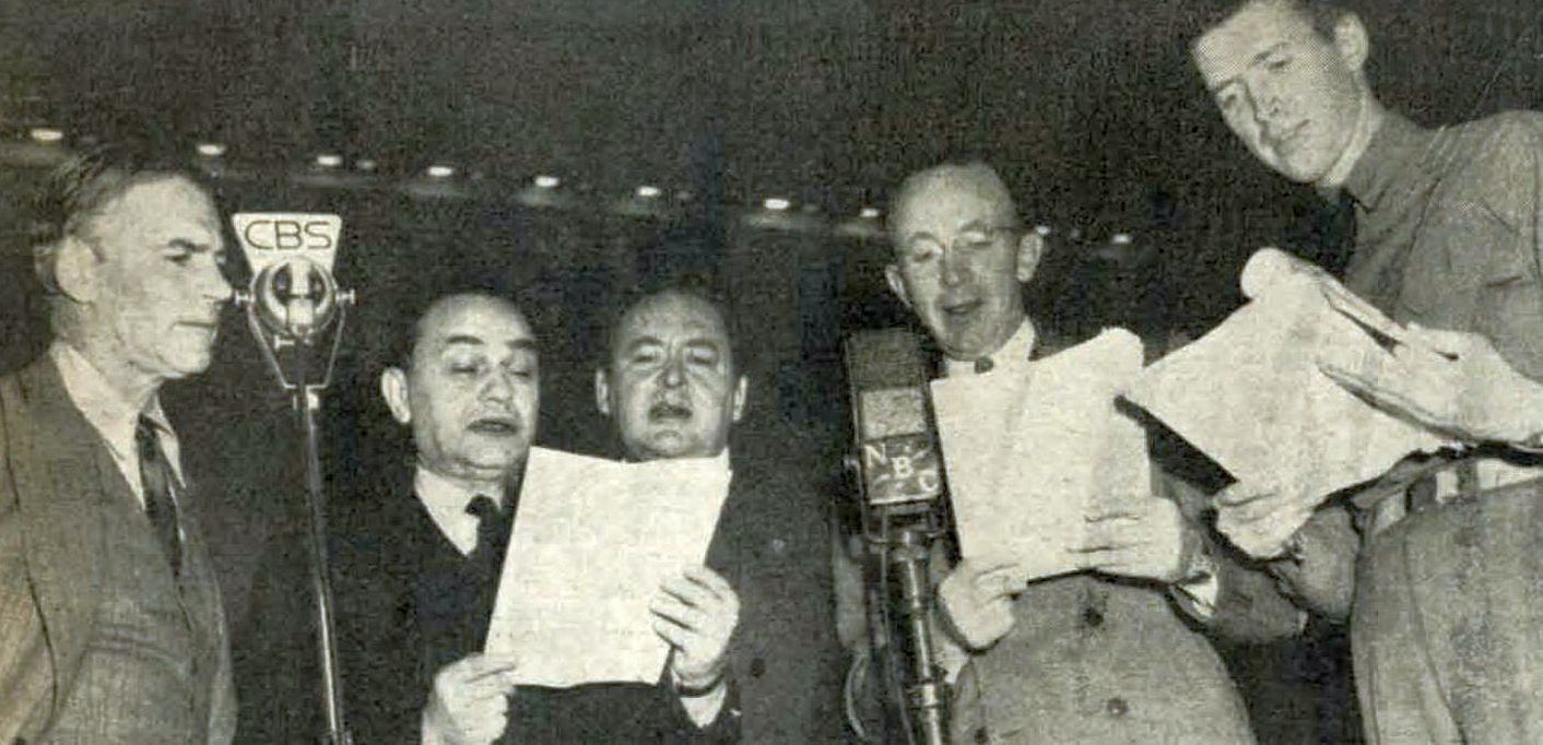 Five of the actors who participated in the "We Hold These Truths" program stood at CBS and NBC microphones, Scripts in hand and standing at both CBS and NBC microphones are (L to R): Walter Huston, Edward G. Robinson, Edward Arnold, Walter Brennan and Jimmy Stewart. Photo courtesy of Charles F. Reinhart.