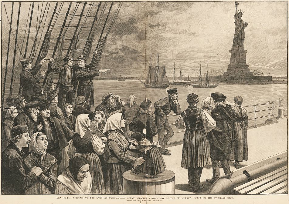 An illustration of immigrants on the steerage deck of an ocean steamer passing the Statue of Liberty from Frank Leslie’s Illustrated Newspaper, July 2, 1887. National Park Service, Statue of Liberty NM