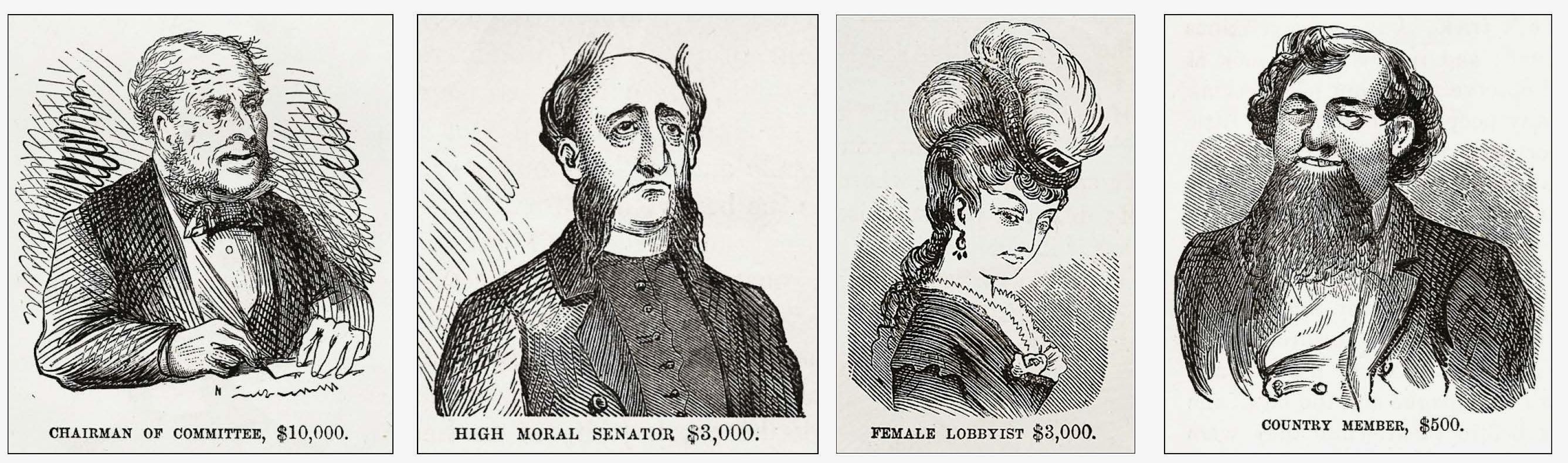 Twain's Gilded Age included cartoons of character types loosely based on figures in the scandal, from a committee chairman worth $10,000 to a country member of Congress worth only $500.