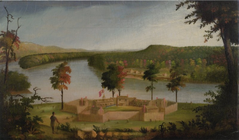 The pioneers settled at their new town of Marietta across from the Army's Fort Harmar, shown in a painting attributed to Sala Bosworth. Marietta College Library.