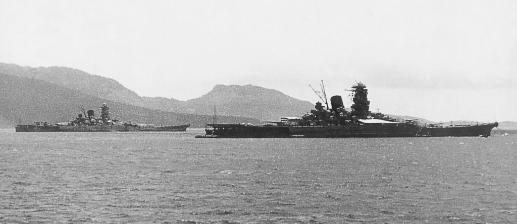 The battleships Yamato (left) and Musashi in Truk lagoon in 1943.