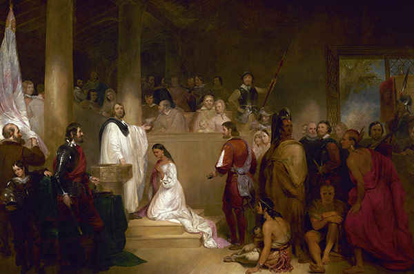 John Gadsby Chapman painted the baptism of Pocahontas in a painting now hanging in the U.S. Capitol. Architect of the Capitol.