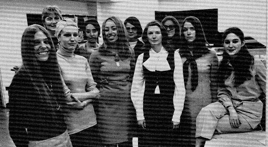 Plaintiffs in the landmark 1970 discrimination suit against Time, Inc. included the author, Ann Scott Crittenden, fifth from left. Others in the group were (left to right) Galen Moore,  LIFE; Marjorie Jack, Fortune; Elizabeth Frappollo, LIFE; Lauren Field, Time; Julia Lamb, Sports Illustrated; Rose Mary Mechem, Sports Illustrated; Patricia Beckert, Time; Sarah Brash, Time-Life Books; and Johanna Zacharias, Time-Life Books.