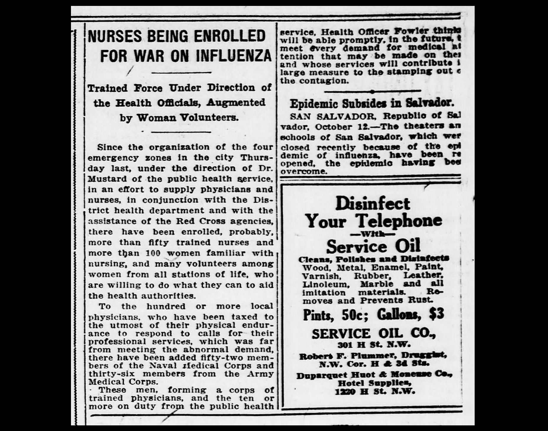 Volunteer nurses were sought for emergency zones. An enterprising druggist sold oil to disinfect (and polish!) telephones.