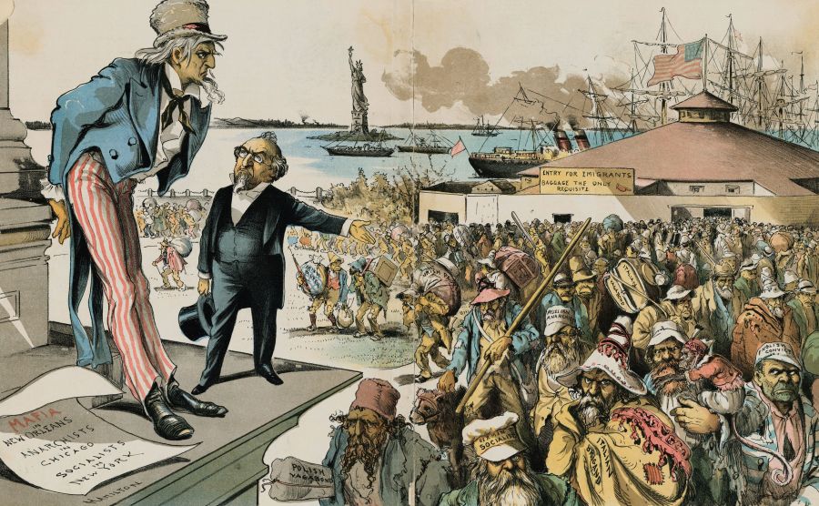During the 1880s and 1890s opposition to immigration among Nativists often surfaced in magazine cartoons such as this one of Uncle Sam grimacing at an onslaught of "socialists", "vagabonds", and "brigands" that appeared in Judge Magazine. Credit: Library of Congress