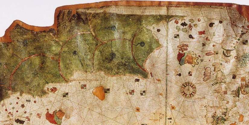 A vague depiction of North America appears in the upper left corner of the 1500  map by Juan de la Cosa.