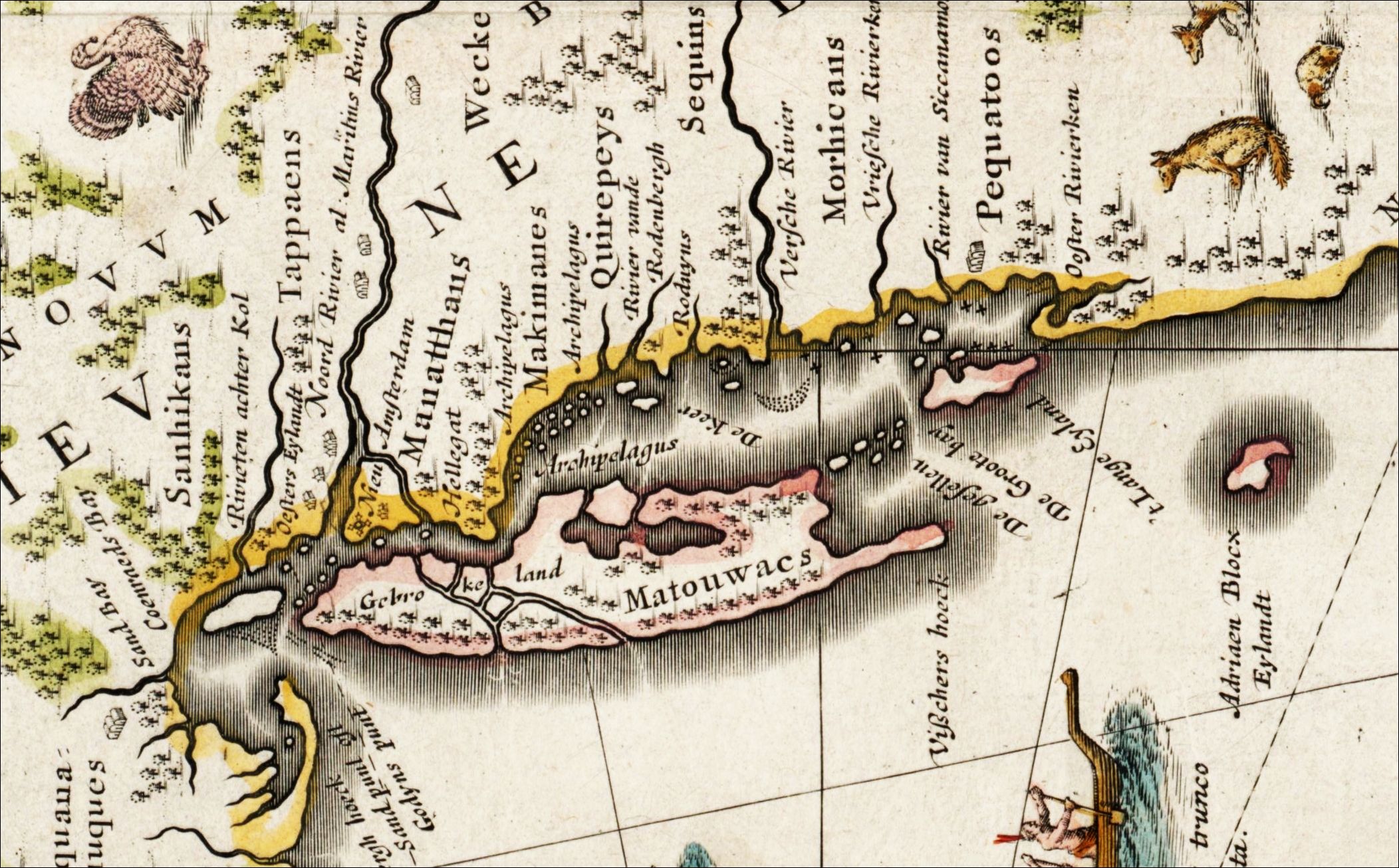 A detail of Blaue's map shows the new Dutch settlements in New York including 