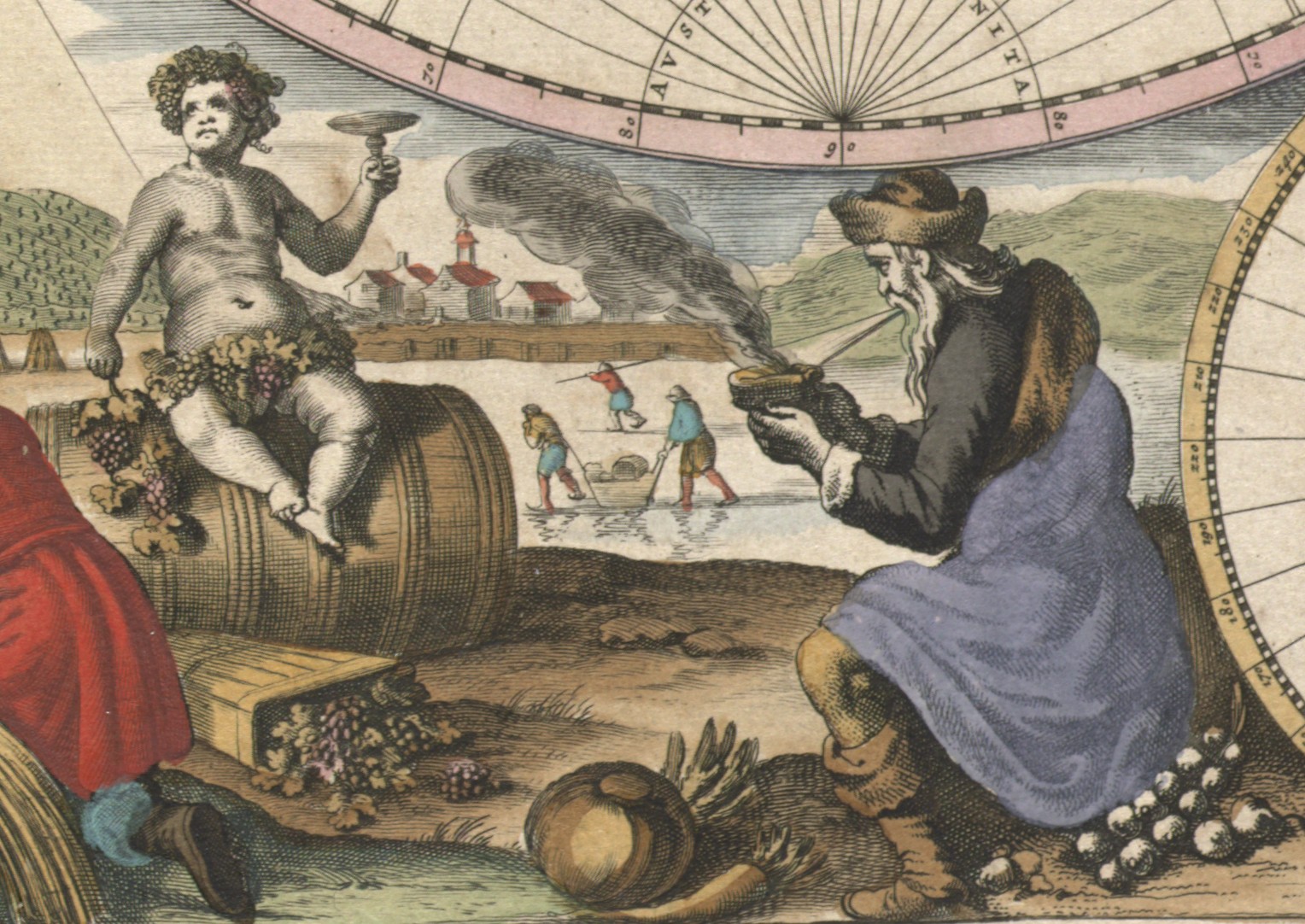 In a section of Goos's map, Bacchus enjoying the fruits of the harvest represents Fall, while Old Man Winter blows on coals. 