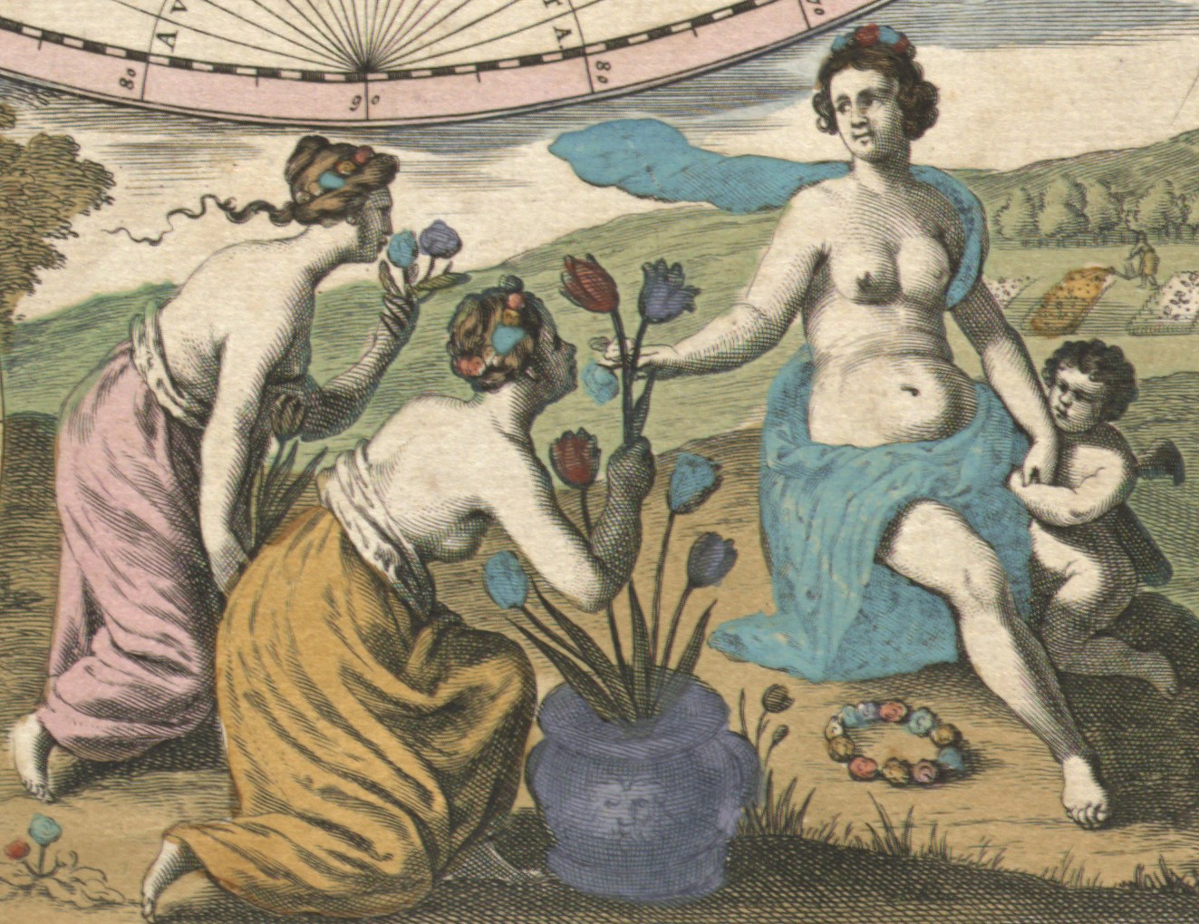 Three comely maidens illustrate the promise of Spring in a detail of Goos's map.