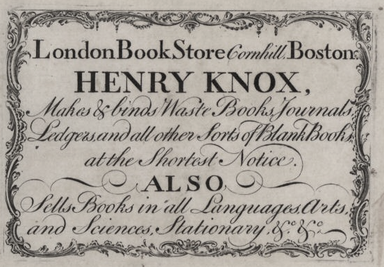 1771 advertisement for Henry Knox's bookstore in Boston