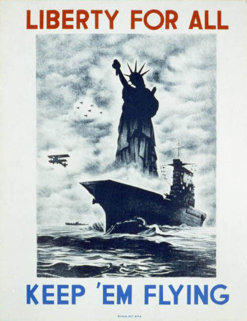 The Statue of Liberty again became a reminder of America's ideals during World War II, as seen in the Work Projects Administration poster created by Albina Garlinski between 1941 and 1943. Library of Congress.