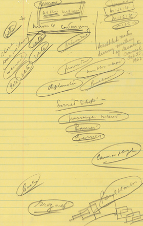 President Kennedy scribbled on a pad during a meeting about the crisis, writing the word “missile” three times and “veto” five times