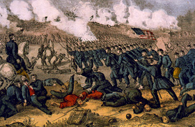 A hand-colored lithograph of the Battle of Fredericksburg