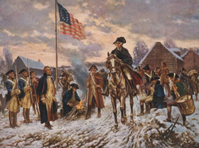 A heroic view of Valley Forge, with the troops all well-clad.