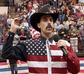 Borat sings “The Star-Spangled Banner” at a Texas rodeo.