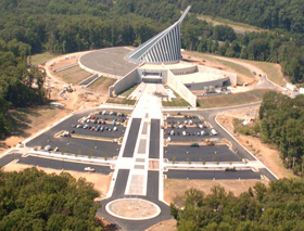 The new museum from the air, its main building slanted to suggest the flag-raising at Iwo Jima.