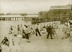 Painters take a class on the beach, early 1940s.