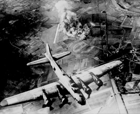 An Eighth Air Force B-17 in a raid on Marianburg, Germany, in 1943.