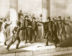 Richard Lawrence fires at Andrew Jackson (third from left).