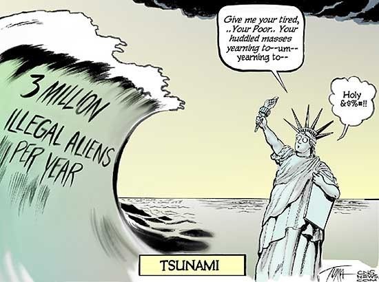 As they had before, opponents of immigration used the imagery of the Statue of Liberty to make their points.  Adam DiOrio created a cartoon showing a giant tsunami of “3 Million Illegal Aliens Per Year” about to hit Liberty. Courtesy of CNS News.com.