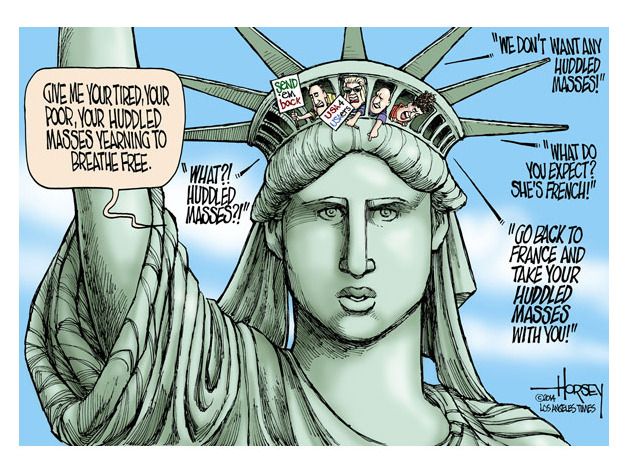 A 2014 editorial cartoon in the Los Angeles Times by Pulitzer Prize-winning cartoonist David Horsey took a jab at opponents of immigration with a reference  to the iconic lines from the Emma Lazarus poem inscribed at the statue's feet: "Give me your tired, your poor/| Your huddled masses yearning to breathe free"