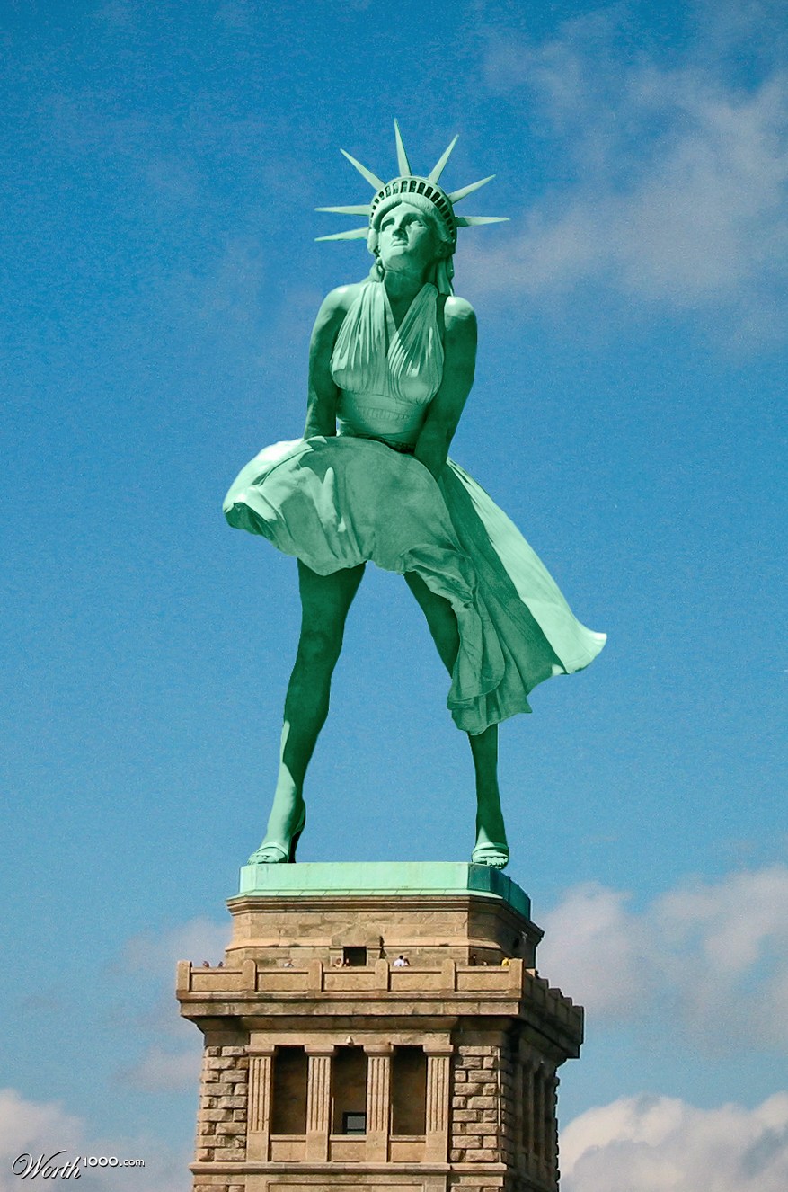 Thankfully, the Statue is often used for simple humor. An artist's homage to the famous 1954 "flying skirt" photo of Marilyn Monroe by Sam Show is an ironic combination of two contrasting female icons. Image courtesy of Worth1000.com.