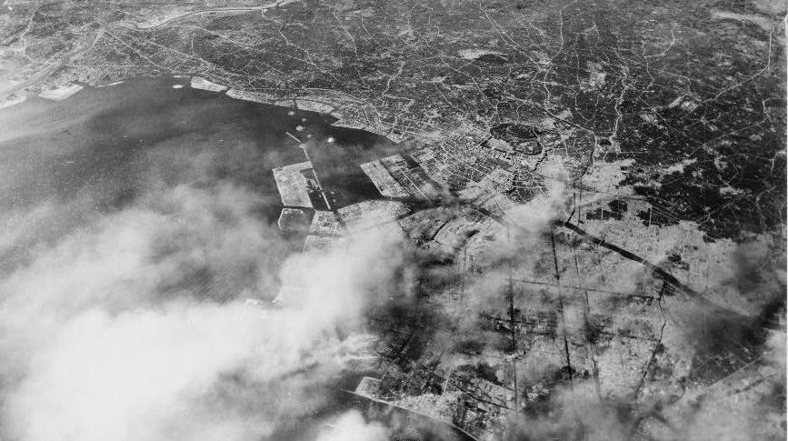 Aerial photo of Tokyo showing effects of first large-scale incendiary bombing attack by U.S. 20th Air Force, Library of Congress
