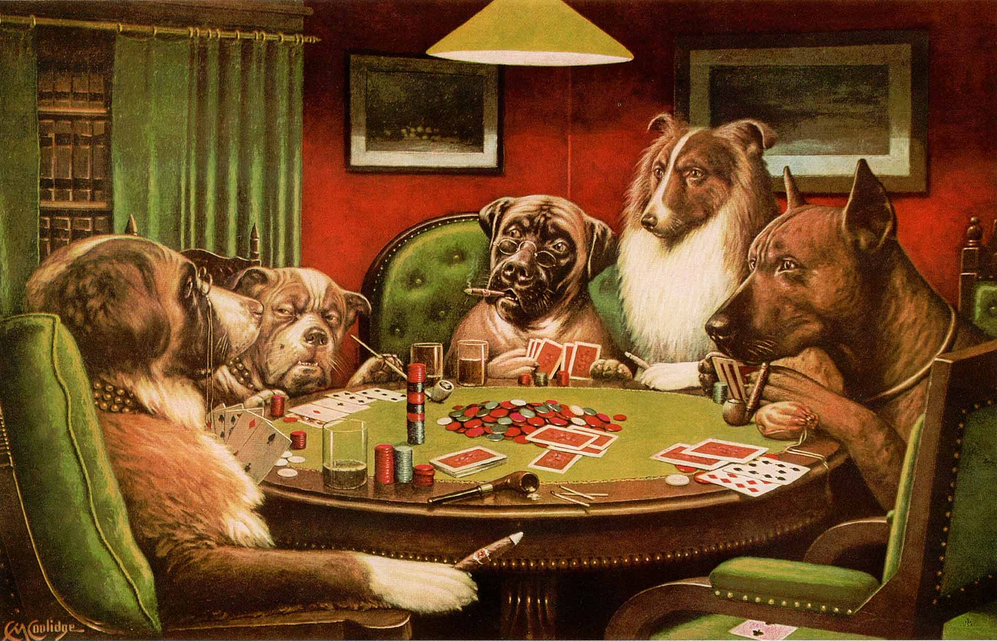 In "A Bold Bluff," painted by Cassius Coolidge, a tense moment at the table is eased by the arrival of a member of the opposite sex with drinks for the boys.