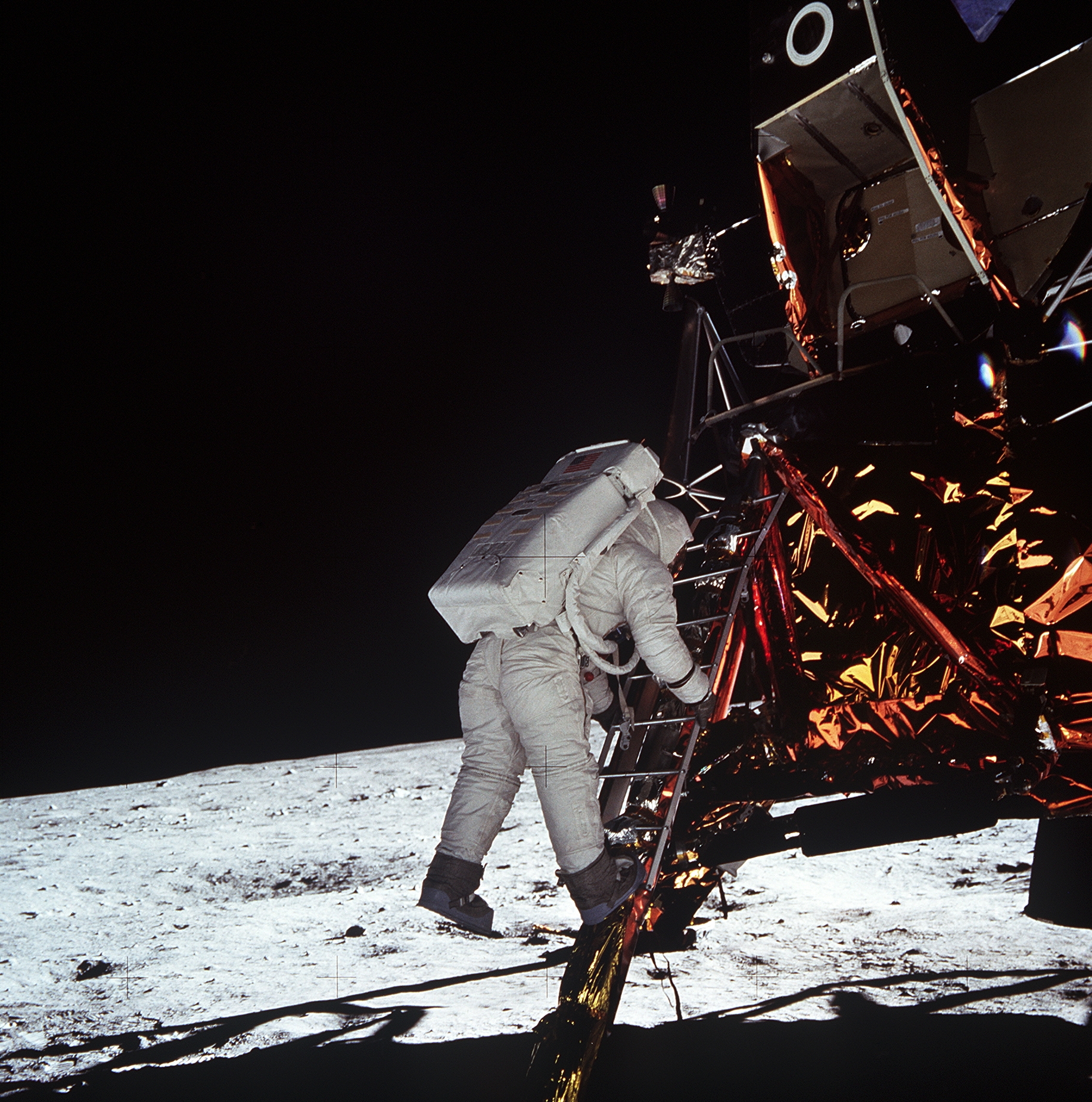 Armstrong photographed Buzz Aldrin descending the ladder to the Moon's surface. NASA.