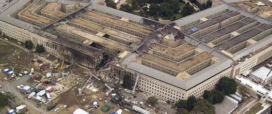 An aerial view of the Pentagon shows the damaged area where hijacked American Airlines flight 77 crashed during the September 11th terrorist attack