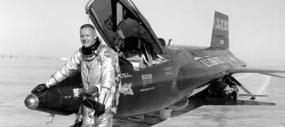 Armstrong alongside the X-15 in 1960. He would pilot the experimental rocket plane to the edge of space fifteen times.