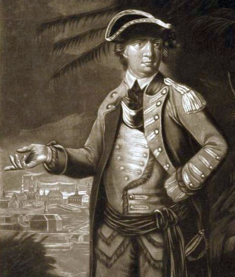 Thomas Hart published an engraving of  heroic Benedict Arnold in 1776 after he led troops through the wilderness to Quebec and stormed the city, which appears in the background. Library of Congress.