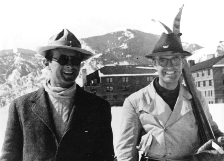 Felix Schaffgotsch and Averell Harriman stand in front of Sun Valley Lodge in 1936. Photo courtesy The Community Llibrary, Regional History Department.
