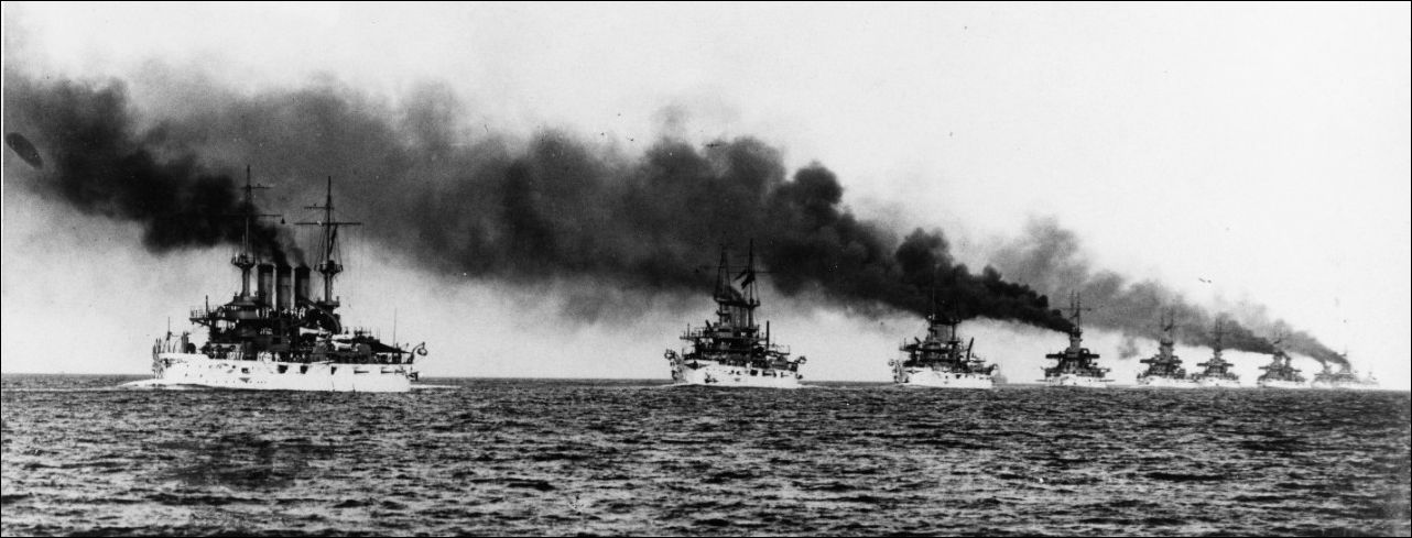 Battleships of the Great White Fleet. Photo by C.E. Waterman, collection of Roy D. France, U.S. Naval History and Heritage Command.