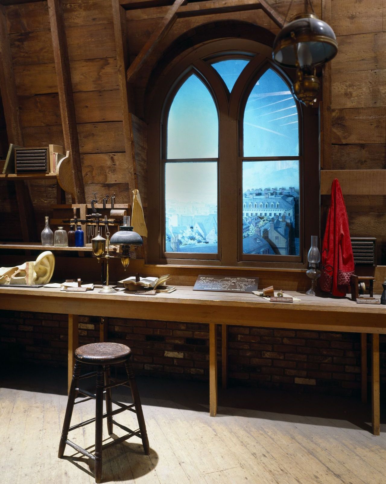 Furniture and equipment from the attic where Bell first spoke over the telephone was preserved when the boarding house was torn down in the 1920s. The workshop was later reconstructed in the Boston headquarters of New England Telephone. Carol Highsmith, Library of Congress