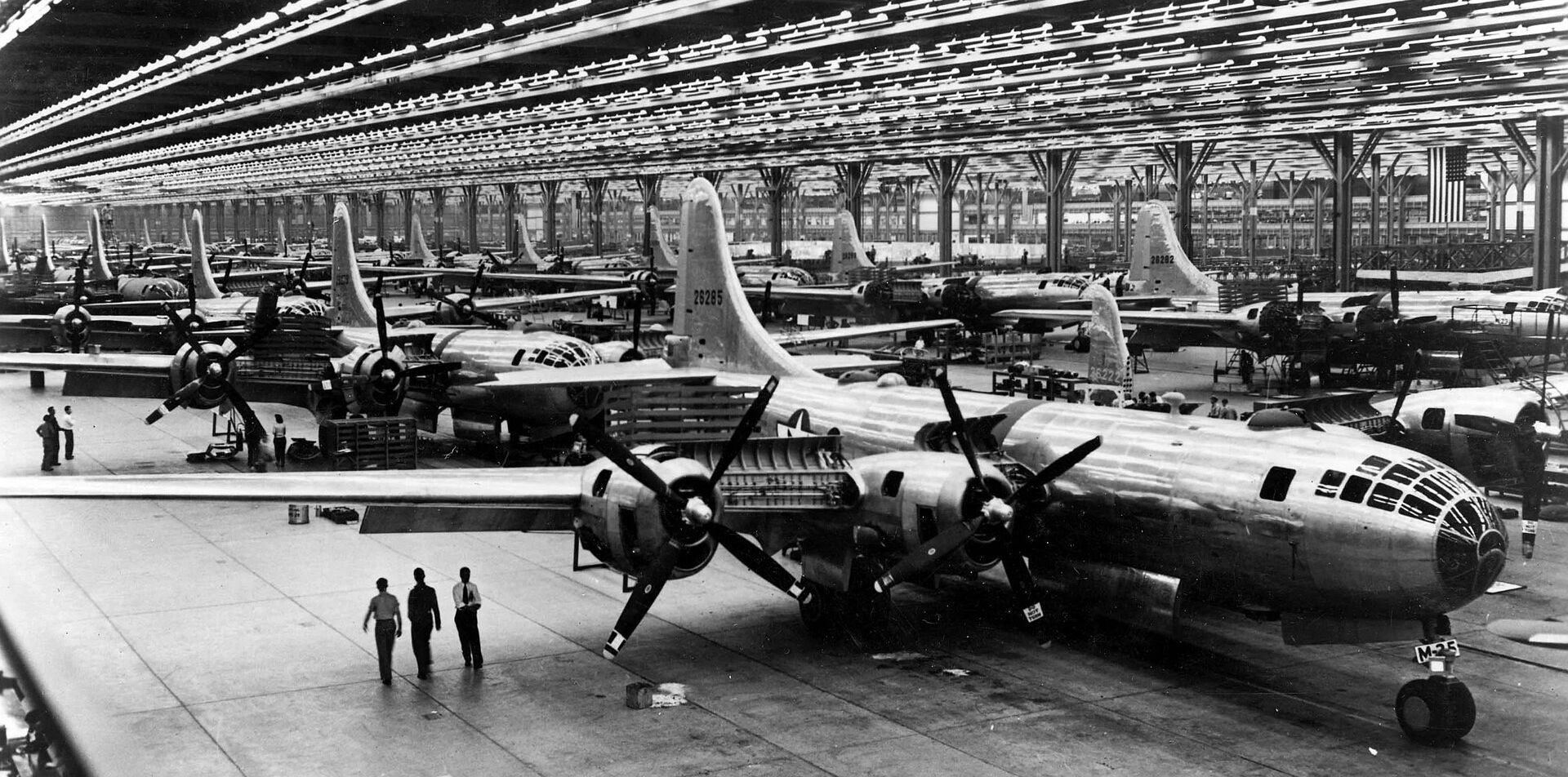 The B-29 Superfortress rolled out in May 1944 was a state-of-the-art, four-engined bomber able to fly long distances with large payloads. Boeing would produce nearly 4,000 of the bombers during the war.