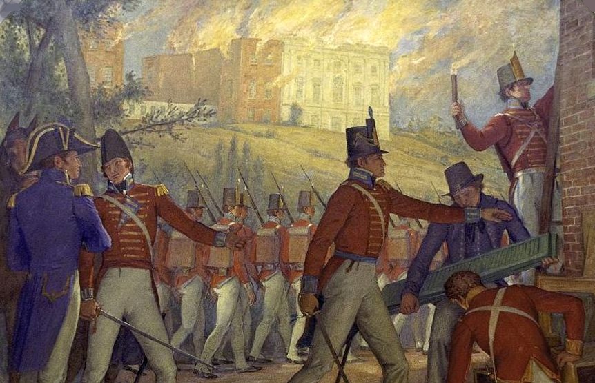 Admiral Cockburn watches as the British burn the Capitol, as depicted in a mural in the Capital painted by Allyn Cox. Capitol Visitor Center