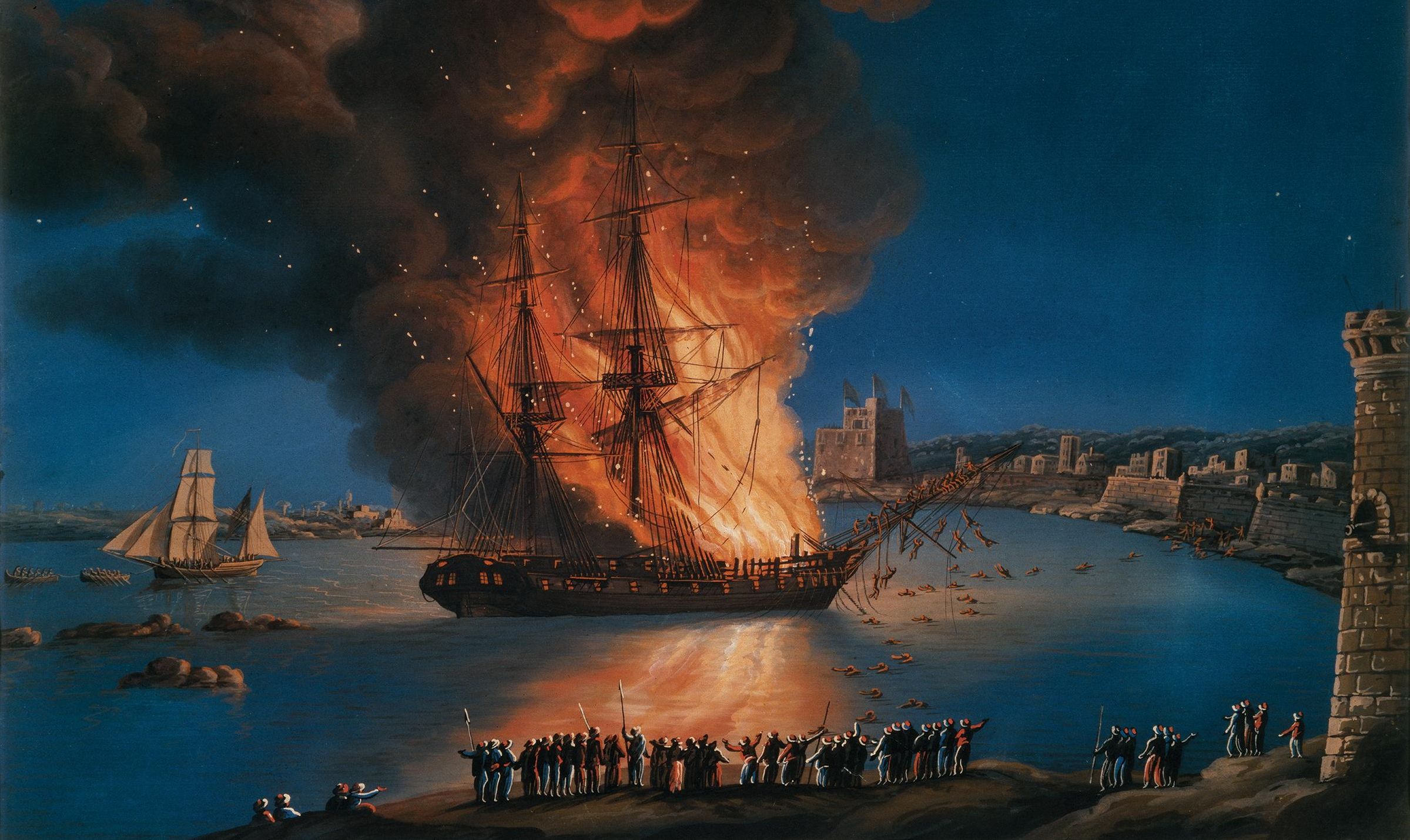The burning of the Philadelphia. Courtesy of Mariners Museum.