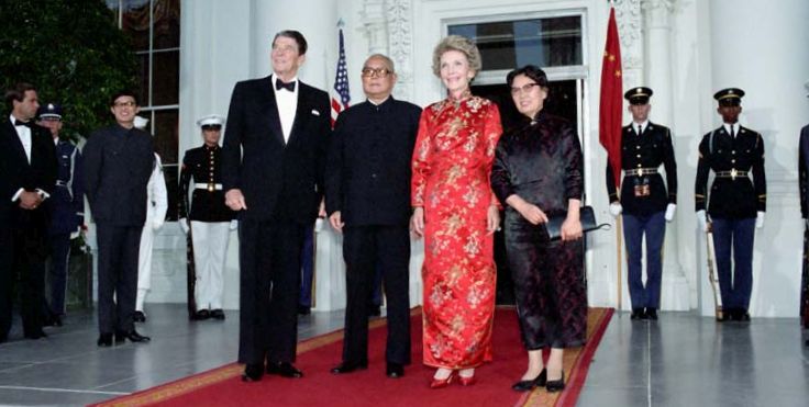 President Reagan and Nancy Reagan with Li Xiannian and Lin Jiamei of the People's Republic of China on the North Portico before a state dinner.