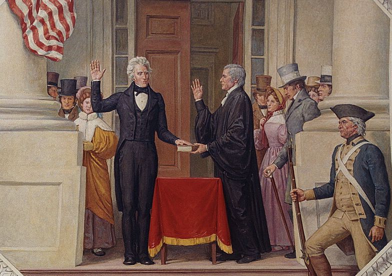 A ceiling mural in the U.S. Capitol depicts Marshall administering the oath to Andrew Jackson, who would undo some of Marshall's legacy. Library of Congresstico, U.S. Capitol. LOC.jpg