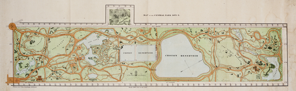 A 1871 map of Central Park shows how it looked when largely finished by Olmsted. Nat'l Assn for Olmsted Parks.