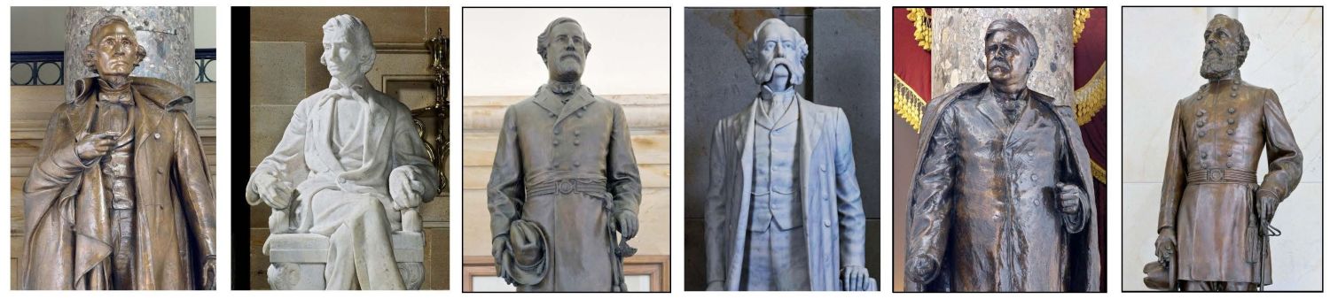 Confederates honored with statues in the U.S. Congress include CSA President Jefferson Davis, Vice President Alexander Stephens, and Generals Robert E. Lee, Wade Hampton, George, and Kirby Smith.