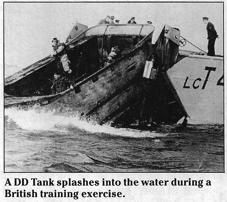 A DD Tank splashes into the water during a British training exercise.